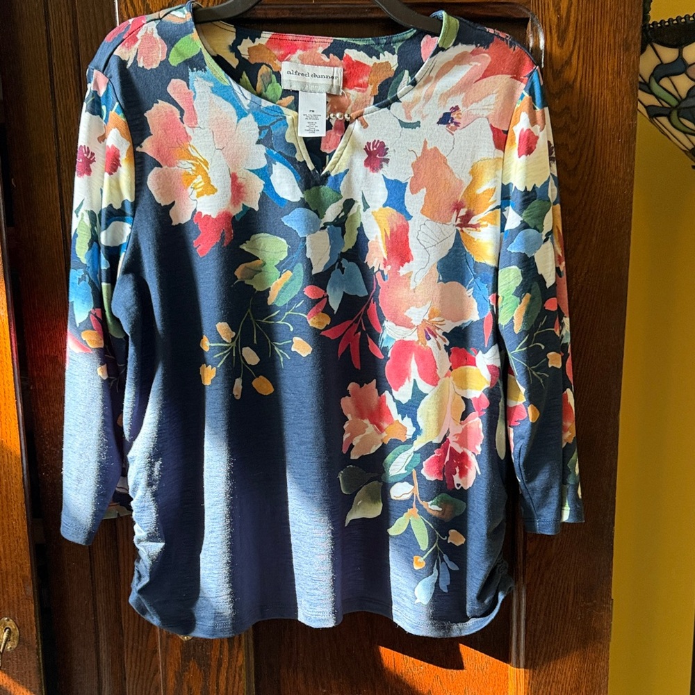 Alfred Dunner Navy Floral Split-Neck Bracelet Sleeve Top